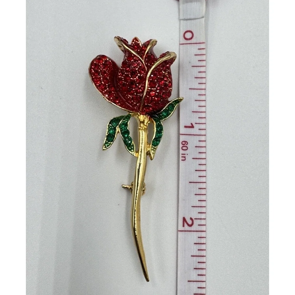 Gold Tone Single‎ Red Rose Sparkling Rhinestone Flower Brooch Valentines Day Pin